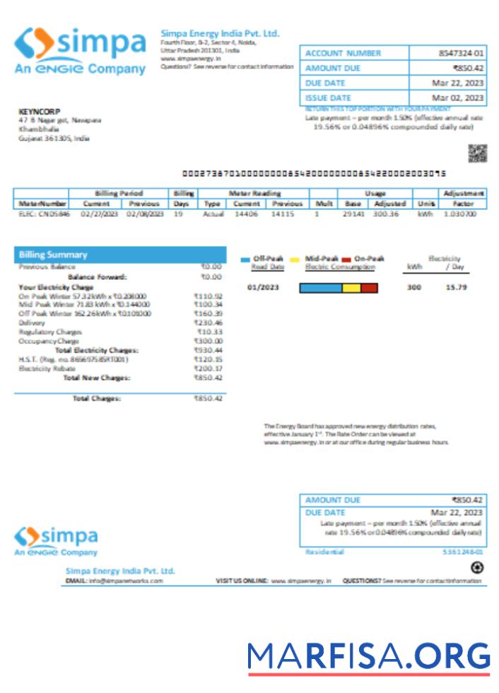 Printable Simpa Energy India Pvt. Ltd utility business bill, SCR download for verification